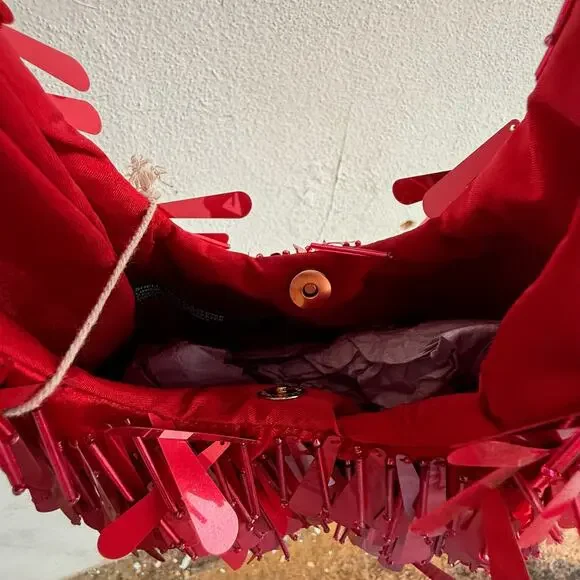 Viral Red Sequin Tassel Shoulder Bag Handmade NWT Statement Holiday Party Purse - Picture 5 of 6